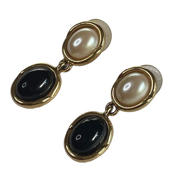 Onyx Pearl Drop Earrings Black Disc Post Backing u - Picture 2 of 4